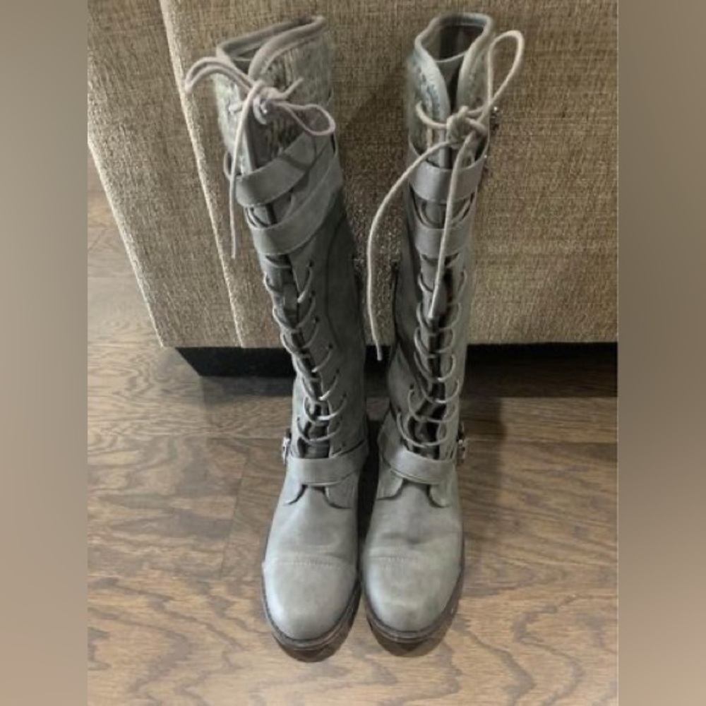 Grey knee high winter boots